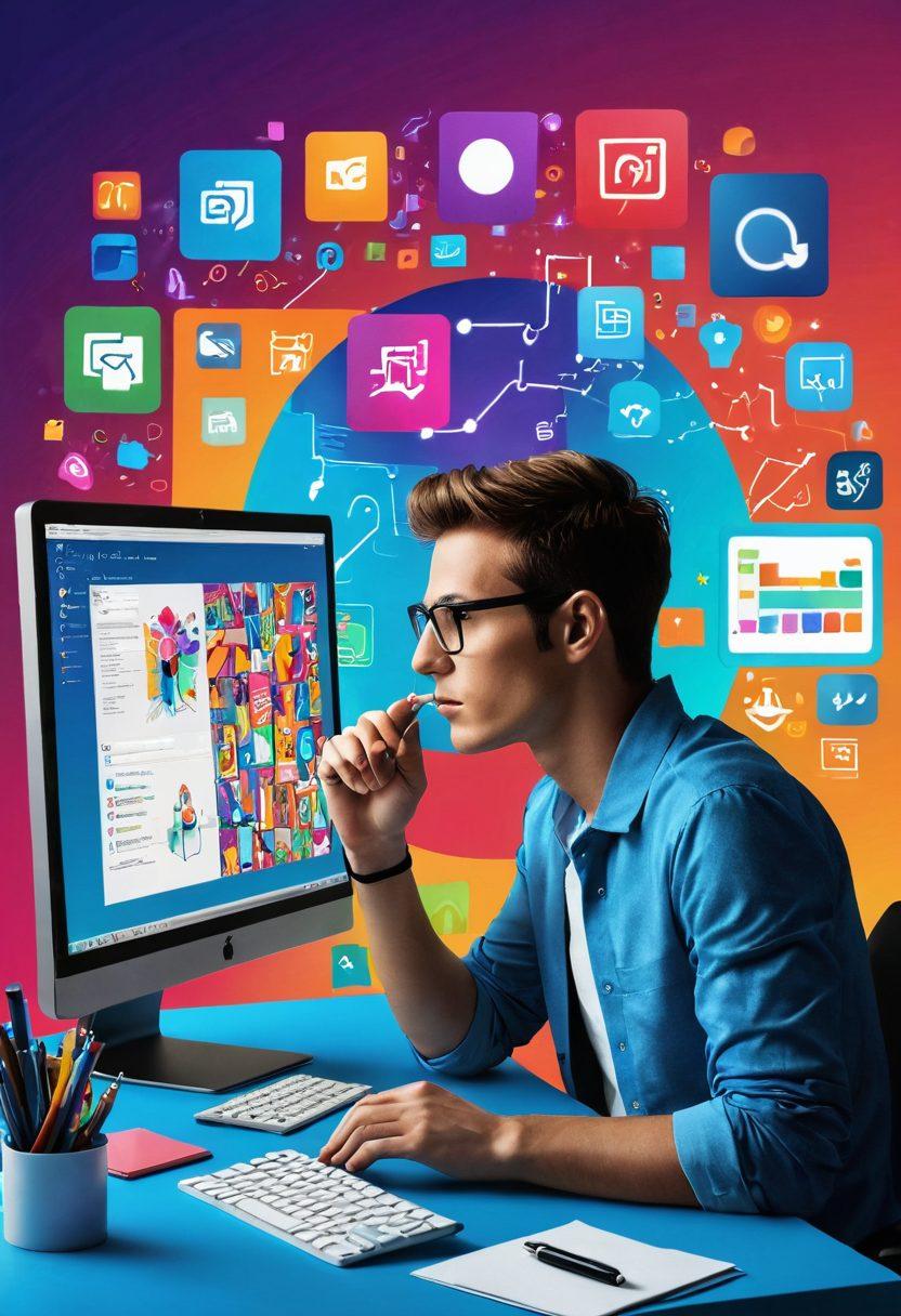 A visually striking blend of a computer screen displaying image optimization tools and graphic scanning software, surrounded by vibrant graphics emerging from the monitor. Include a person thoughtfully analyzing images, surrounded by colorful icons symbolizing creativity and engagement. The background should feature a digital workspace filled with design elements like color palettes and vector shapes. super-realistic. vibrant colors. 3D.