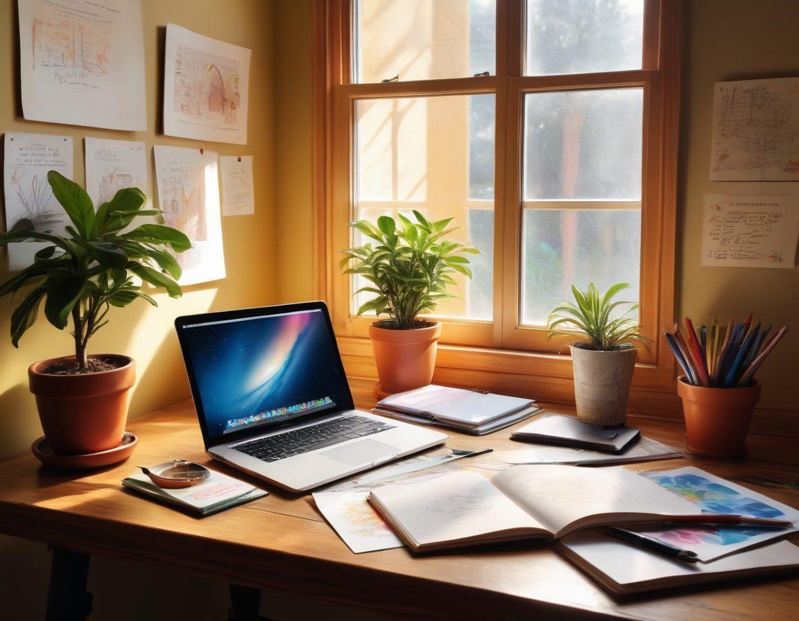 A vibrant, artistic workspace filled with colorful sketches, notebooks, and a laptop at a wooden desk, sunlight streaming in through a window. On the walls, motivational quotes and inspiring artwork bloom, while a steaming cup of coffee rests beside a potted plant. A sense of openness and possibility fills the scene, inviting readers to explore their creativity. super-realistic. vibrant colors. warm lighting.